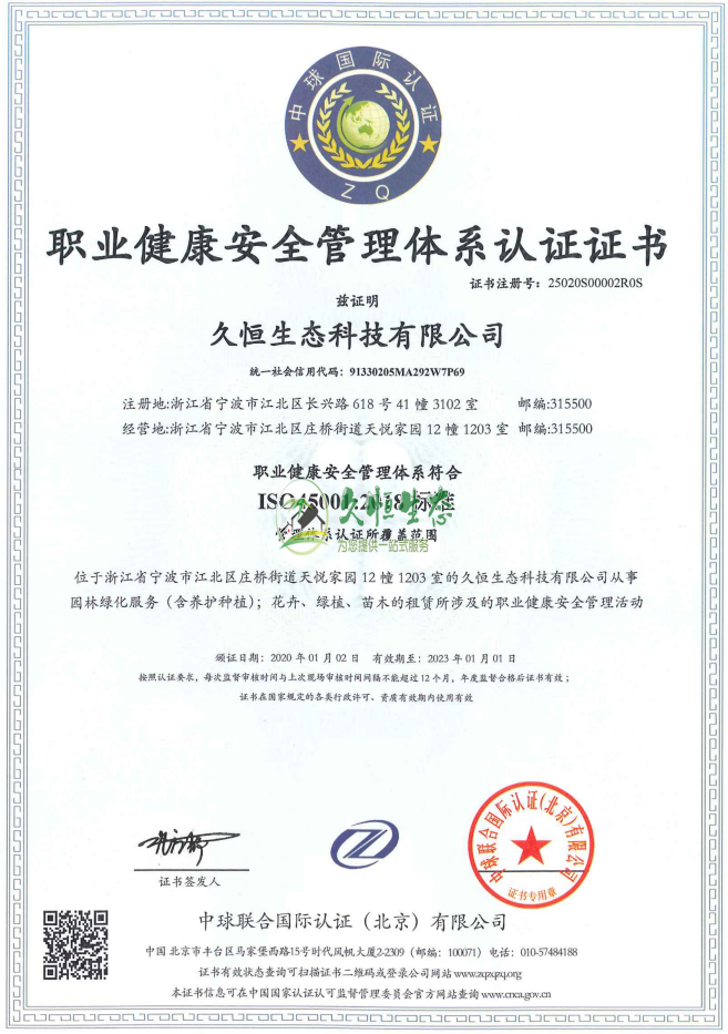 无锡惠山职业健康安全管理体系ISO45001证书
